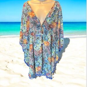 Bleu Rod Beattie Boho Paisley Tassel Cover-Up Caftan L Multicolor NWT $79